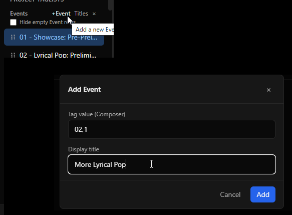 Add event dialog with tag value and display title fields