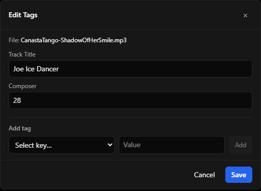 Edit tags dialog showing Composer and Track Title fields