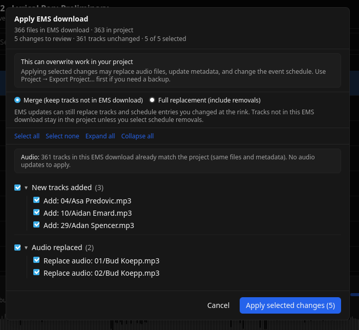 Apply EMS download preview with merge and full replacement options