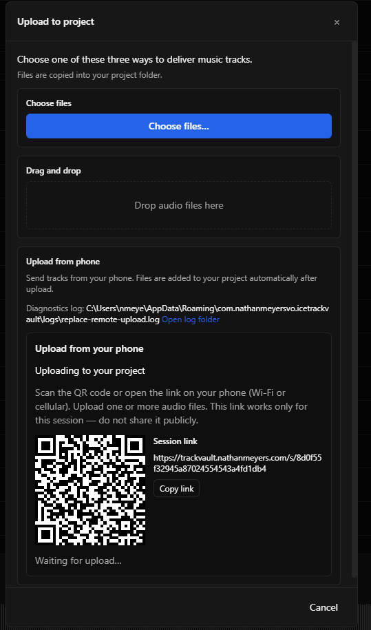 Upload to project dialog with Choose files, Drag and drop, and Upload from phone sections