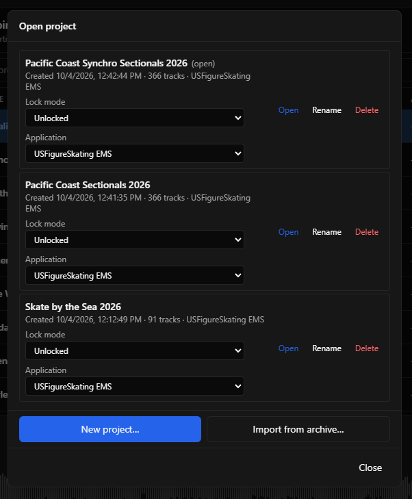 Projects hub listing multiple competition projects with lock mode and Open controls