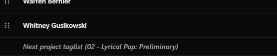 Tracklist footer row labeled Next project taglist