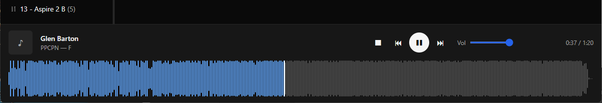 Player bar with waveform, transport controls, and elapsed time