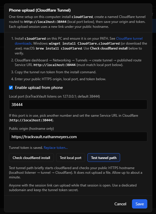 Phone upload setup dialog with port, origin, token, and test buttons