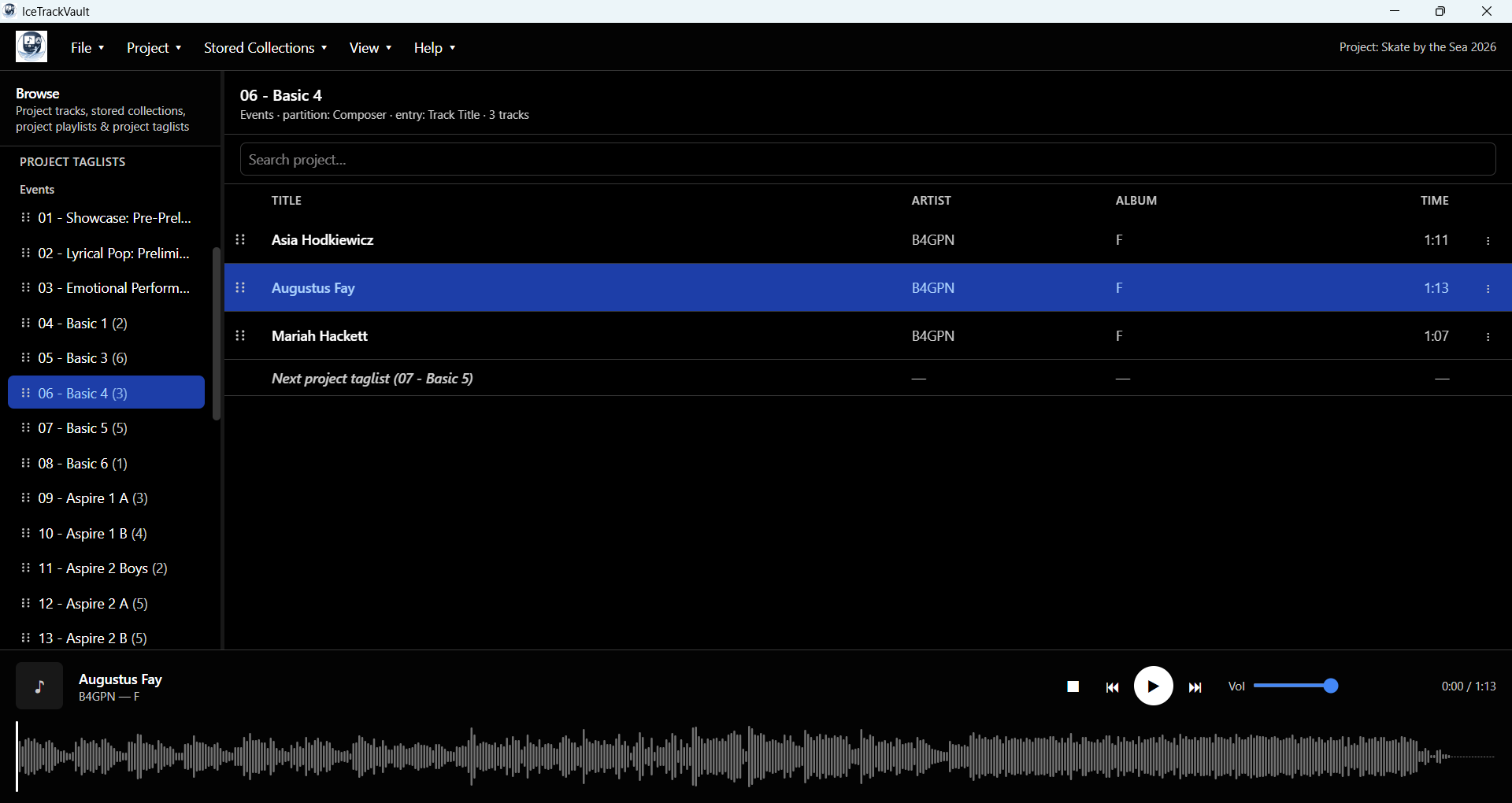 IceTrackVault main window showing project tracks and waveform playback